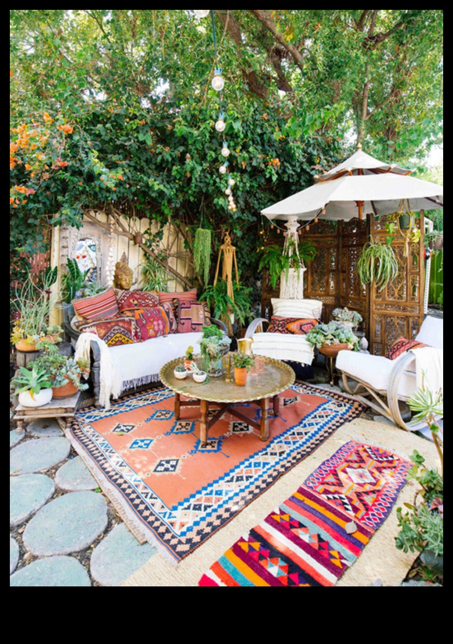 Vai varat ieteikt veidus, kā izmantot eklektisku āra terases dekoru ar dinamiskiem Boho spilveniem?