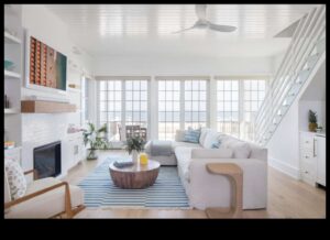 Vai varat ieteikt, kā izveidot piekrastes iedvesmotu dzīvojamo istabu ar pludmales elementiem?